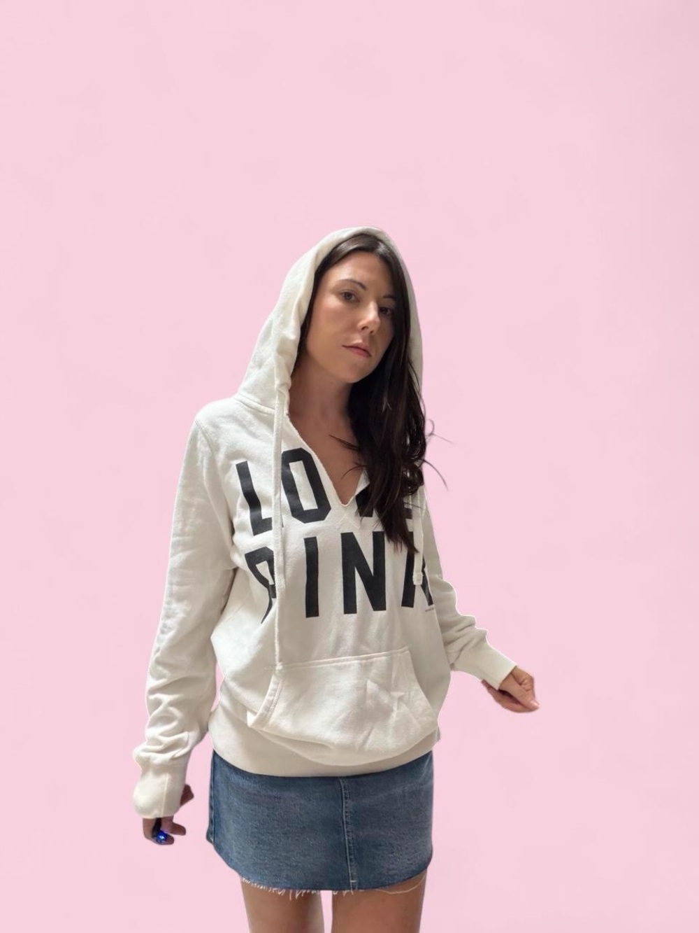 PINK Victoria's Secret Cream Hoodie with Black 'LOVE PINK' Lettering